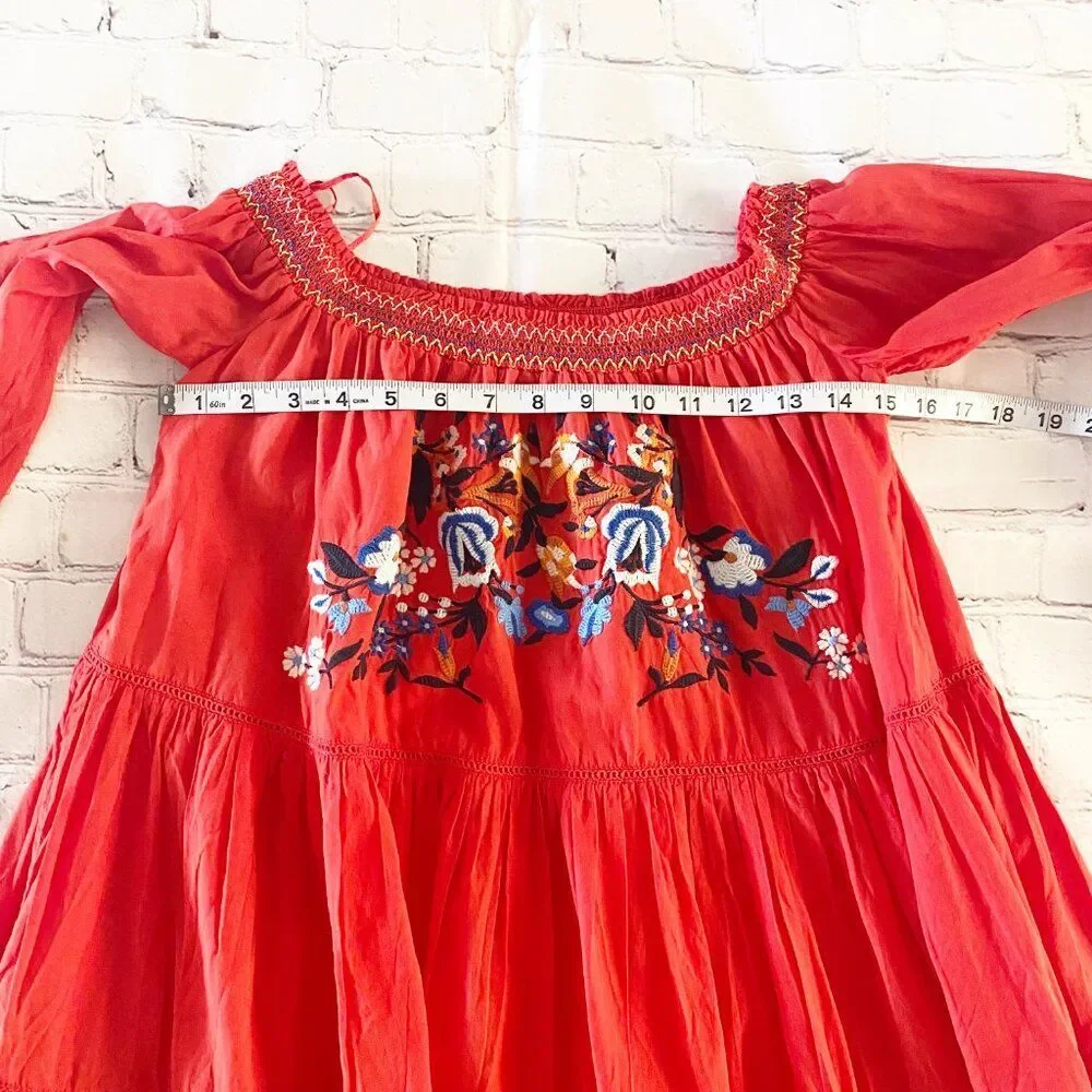 Free People Bright Red Floral Embroidered Off Shoulder Sunbeams Mini Dress S